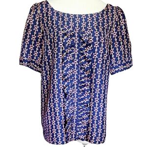 Lilly Pulitzer Top Blue Horse Bit Womens 8 100% Silk Modern Ruffled Chic Blouse